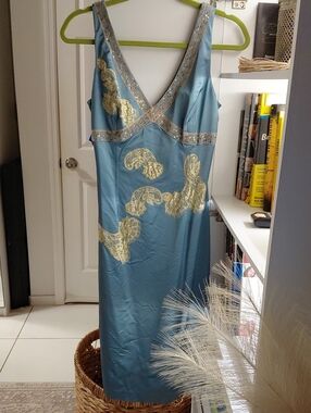 Papell Boutique Blue Satin Slip Dress with Cream Lace & Silver Trim